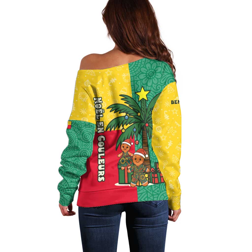 Benin Christmas Off Shoulder Sweater with Palm Tree Dolls and Red Yellow Green Festive - Wonder Print Shop