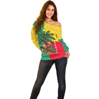 Benin Christmas Off Shoulder Sweater with Palm Tree Dolls and Red Yellow Green Festive - Wonder Print Shop