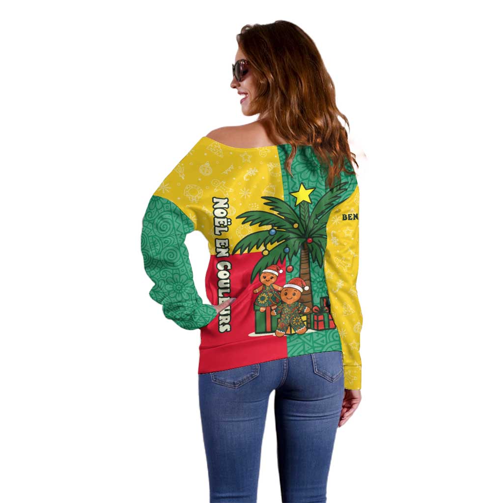 Benin Christmas Off Shoulder Sweater with Palm Tree Dolls and Red Yellow Green Festive - Wonder Print Shop