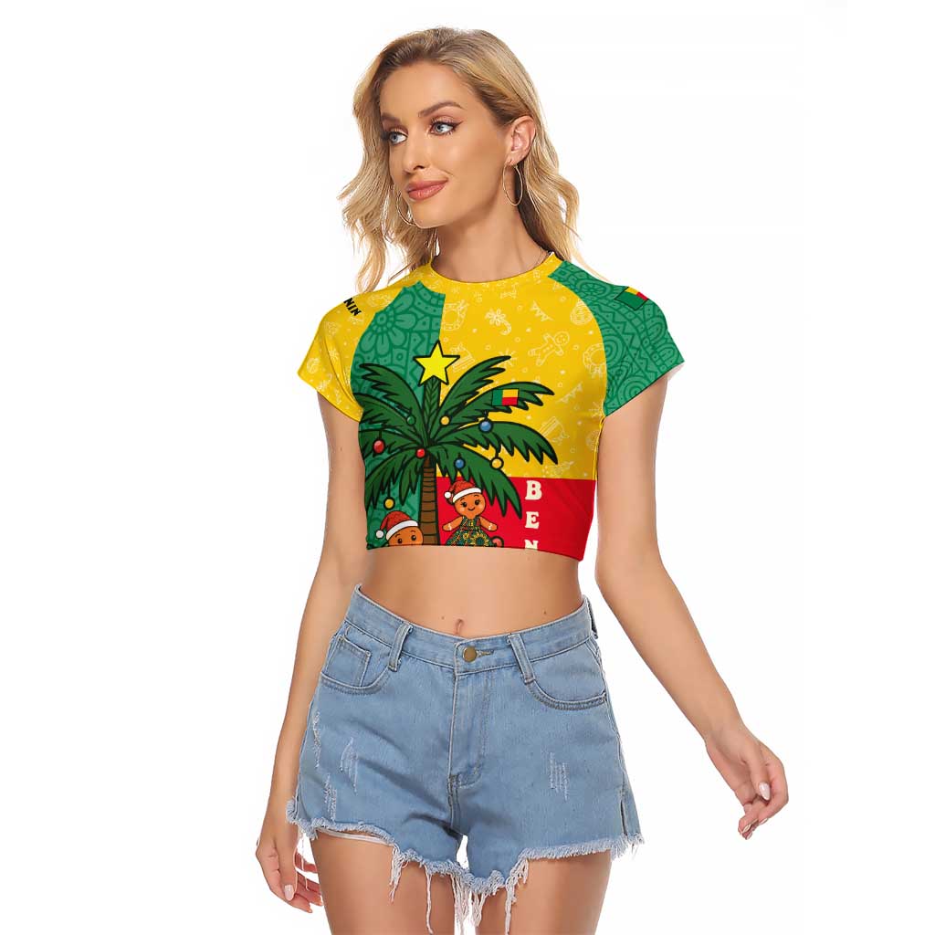 Benin Christmas Raglan Cropped T Shirt with Palm Tree Dolls and Red Yellow Green Festive - Wonder Print Shop