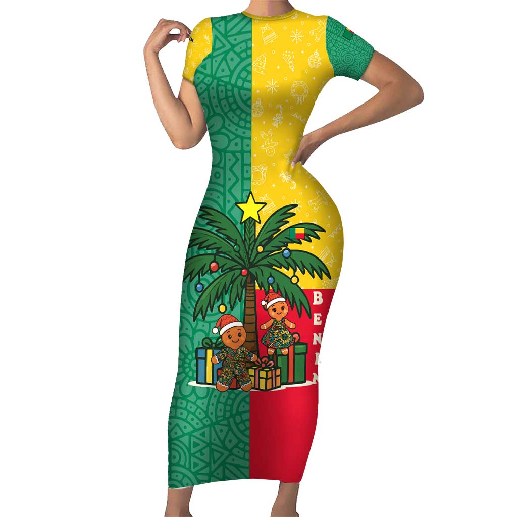 Benin Christmas Short Sleeve Bodycon Dress with Palm Tree Dolls and Red Yellow Green Festive - Wonder Print Shop
