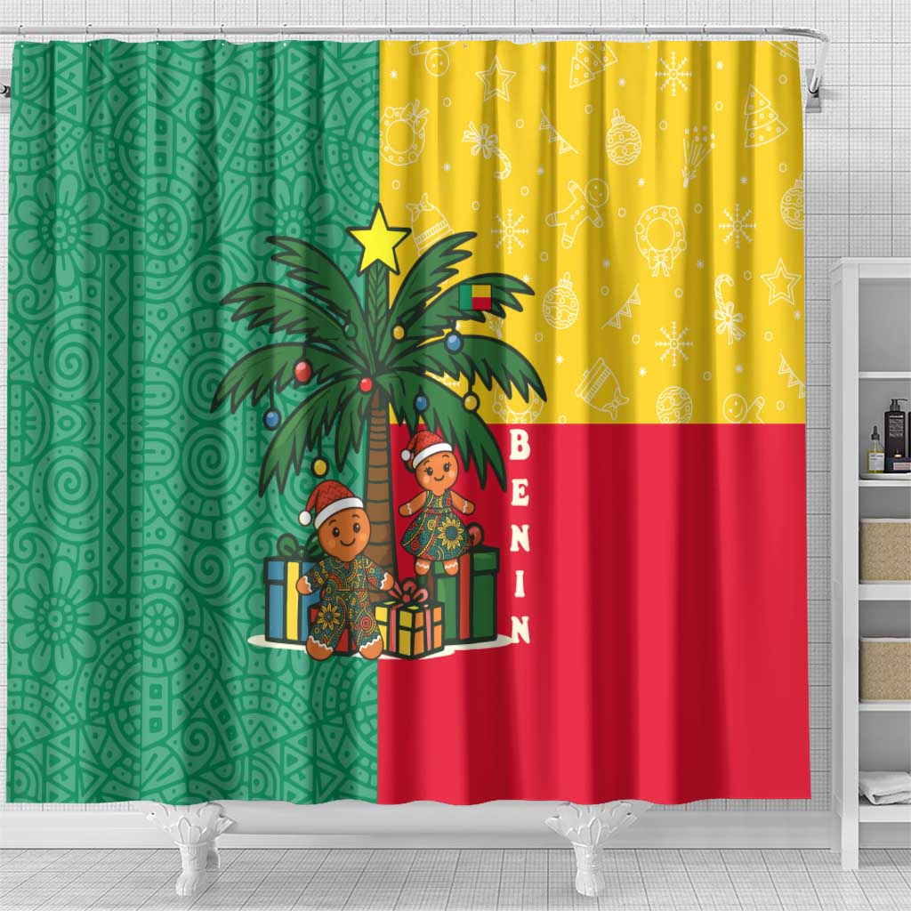 Benin Christmas Shower Curtain with Palm Tree Dolls and Red Yellow Green Festive - Wonder Print Shop