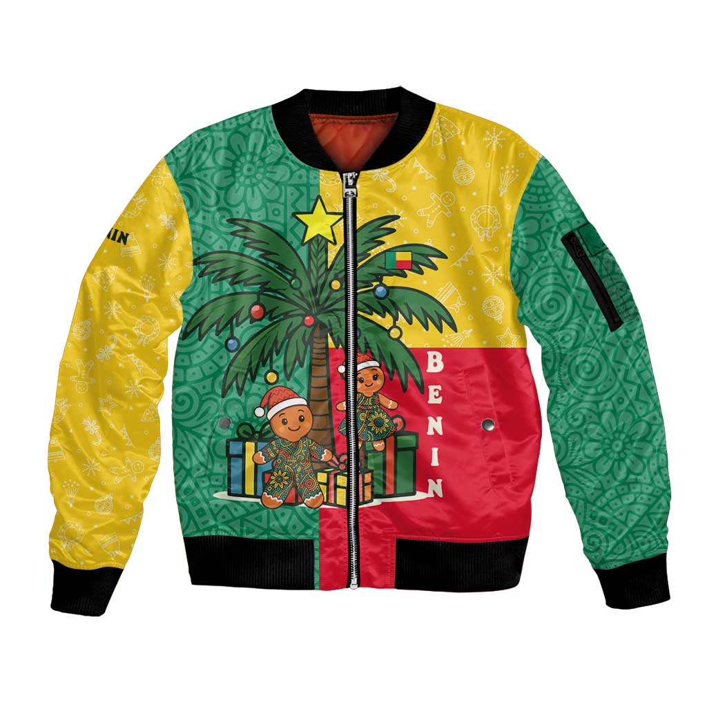 Benin Christmas Sleeve Zip Bomber Jacket with Palm Tree Dolls and Red Yellow Green Festive - Wonder Print Shop