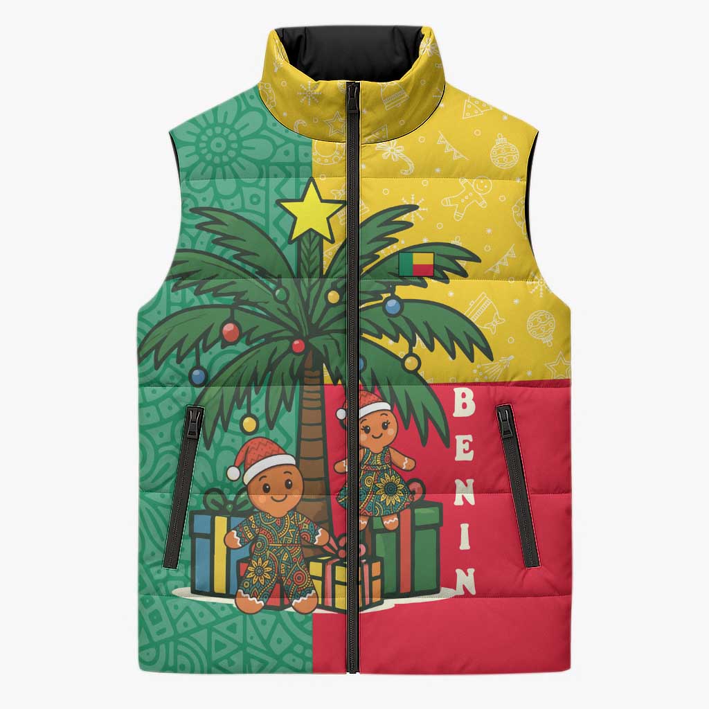 Benin Christmas Sleeveless Puffer Jacket with Palm Tree Dolls and Red Yellow Green Festive - Wonder Print Shop