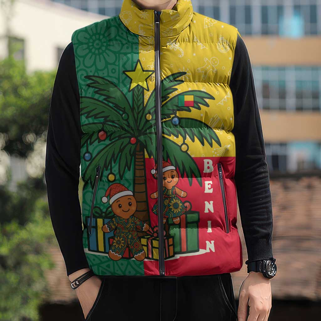 Benin Christmas Sleeveless Puffer Jacket with Palm Tree Dolls and Red Yellow Green Festive - Wonder Print Shop