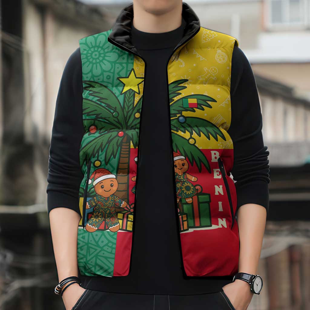 Benin Christmas Sleeveless Puffer Jacket with Palm Tree Dolls and Red Yellow Green Festive - Wonder Print Shop
