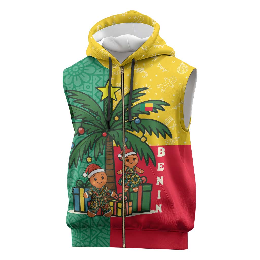 Benin Christmas Sleeveless Zip Hoodie with Palm Tree Dolls and Red Yellow Green Festive - Wonder Print Shop