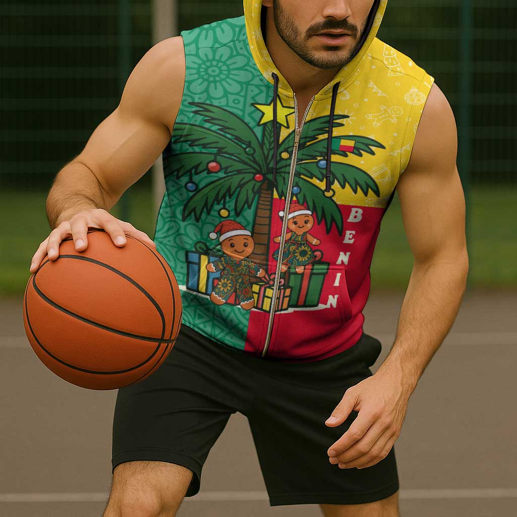 Benin Christmas Sleeveless Zip Hoodie with Palm Tree Dolls and Red Yellow Green Festive - Wonder Print Shop