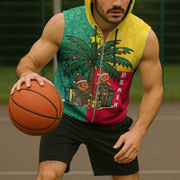 Benin Christmas Sleeveless Zip Hoodie with Palm Tree Dolls and Red Yellow Green Festive - Wonder Print Shop