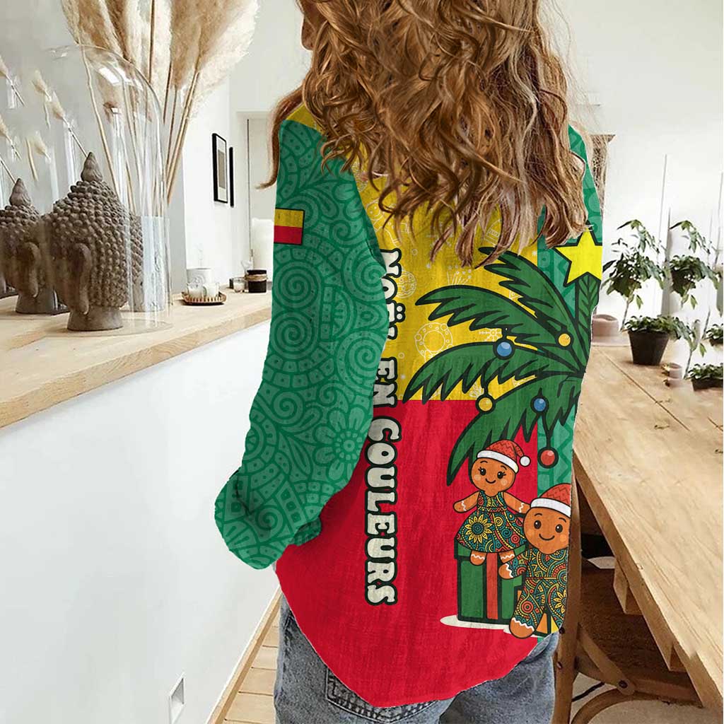 Benin Christmas Women Casual Shirt with Palm Tree Dolls and Red Yellow Green Festive - Wonder Print Shop
