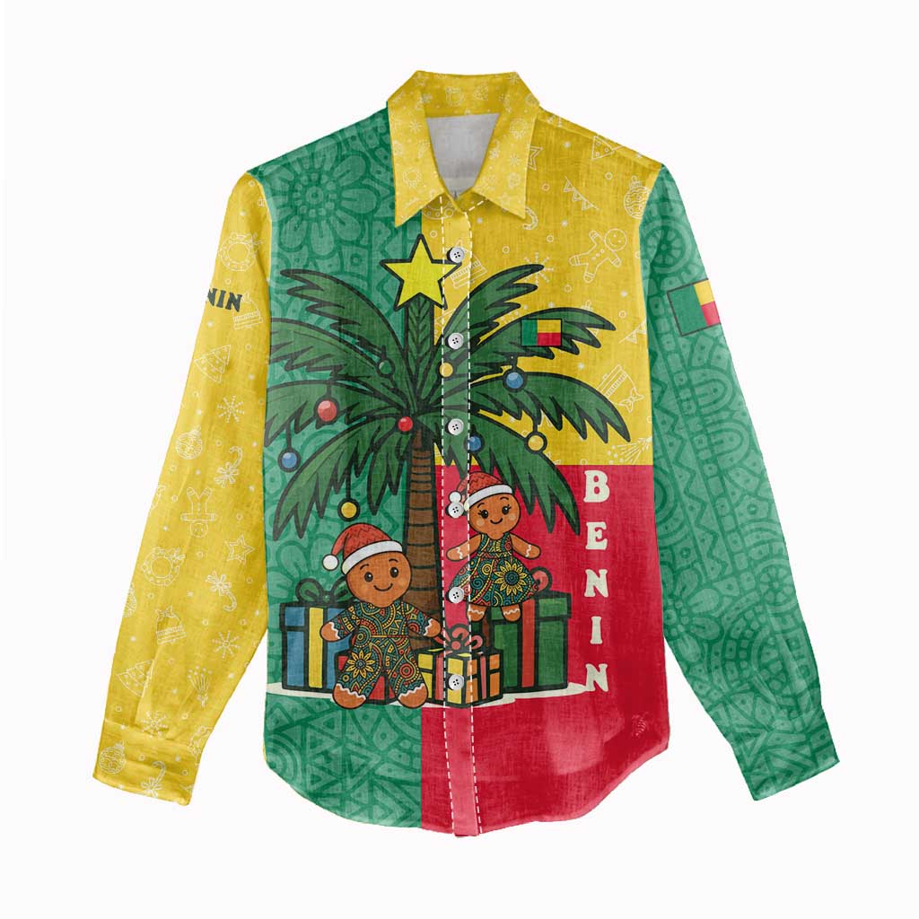 Benin Christmas Women Casual Shirt with Palm Tree Dolls and Red Yellow Green Festive - Wonder Print Shop