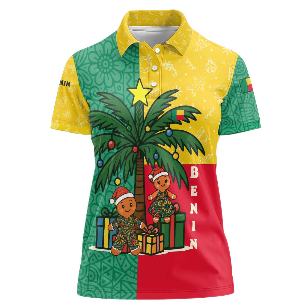 Benin Christmas Women Polo Shirt with Palm Tree Dolls and Red Yellow Green Festive - Wonder Print Shop