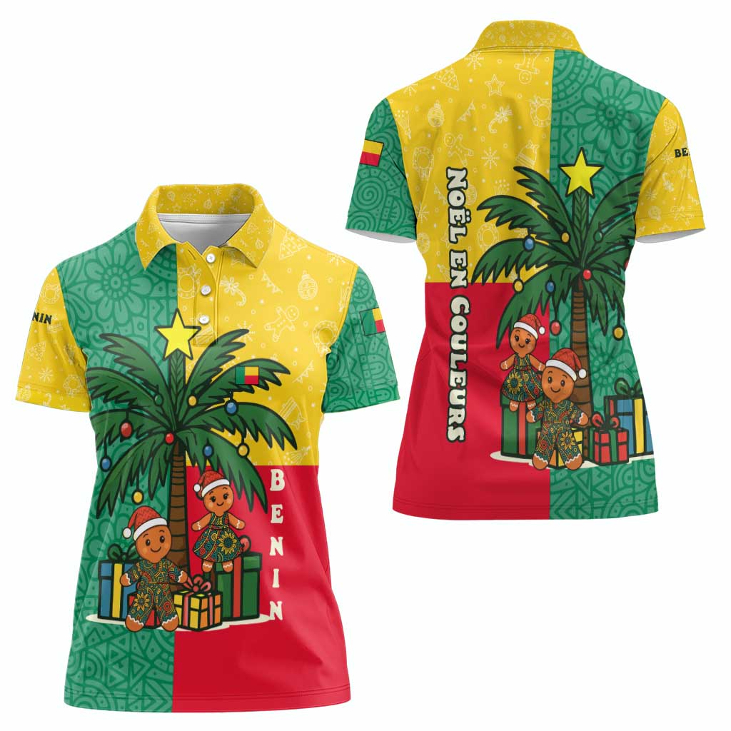 Benin Christmas Women Polo Shirt with Palm Tree Dolls and Red Yellow Green Festive - Wonder Print Shop