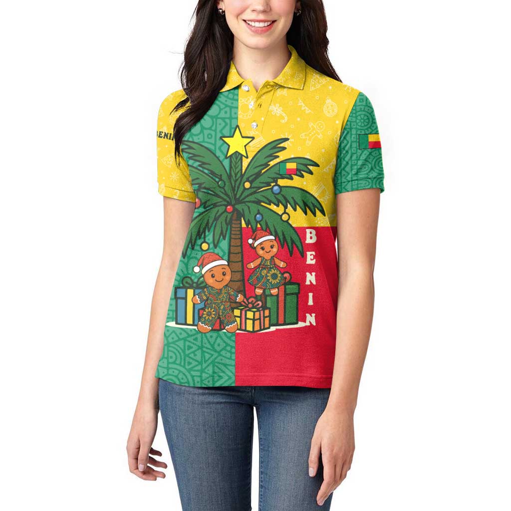 Benin Christmas Women Polo Shirt with Palm Tree Dolls and Red Yellow Green Festive - Wonder Print Shop