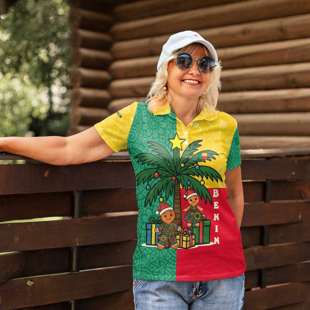 Benin Christmas Women Polo Shirt with Palm Tree Dolls and Red Yellow Green Festive - Wonder Print Shop