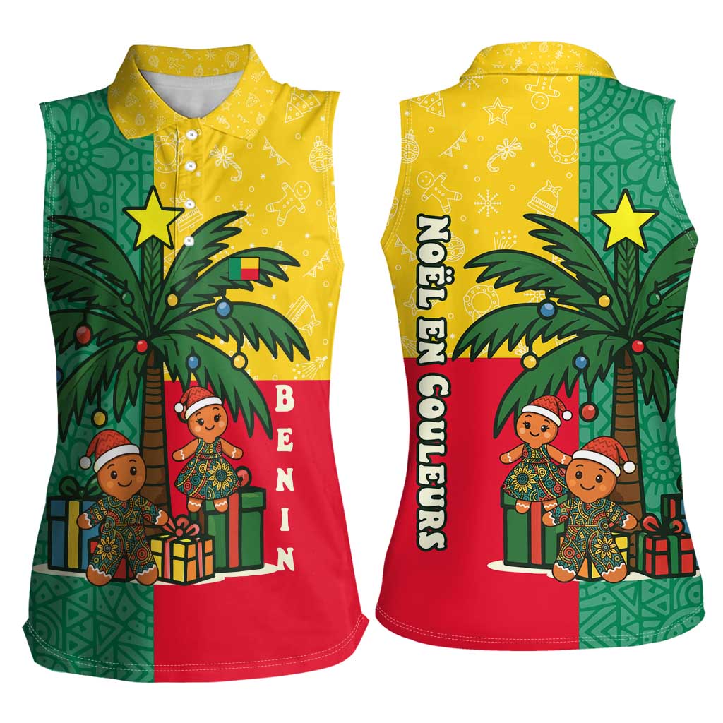 Benin Christmas Women Sleeveless Polo Shirt with Palm Tree Dolls and Red Yellow Green Festive - Wonder Print Shop