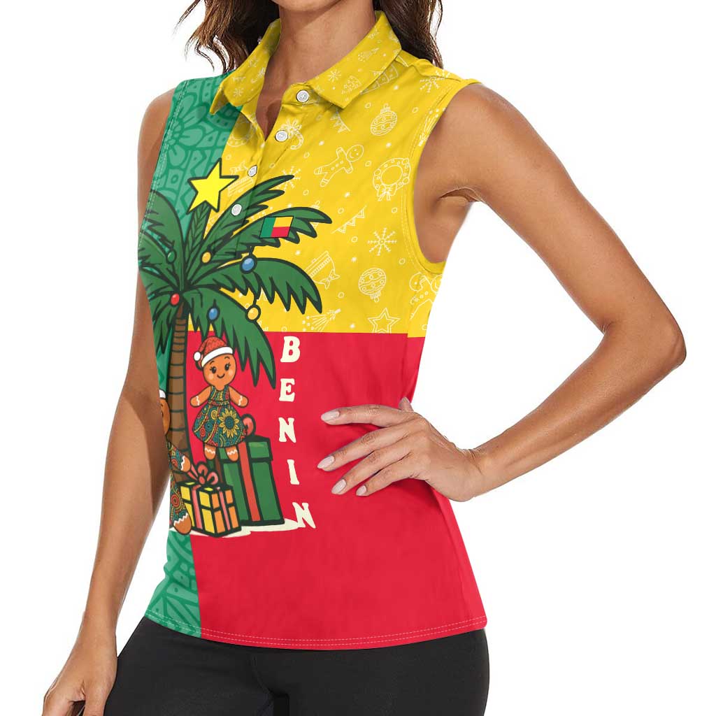Benin Christmas Women Sleeveless Polo Shirt with Palm Tree Dolls and Red Yellow Green Festive - Wonder Print Shop