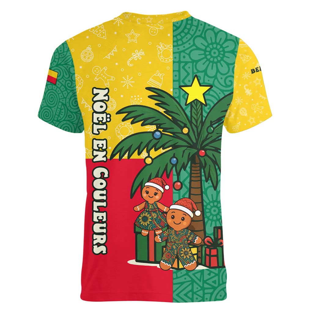 Benin Christmas Women V-Neck T-Shirt with Palm Tree Dolls and Red Yellow Green Festive - Wonder Print Shop