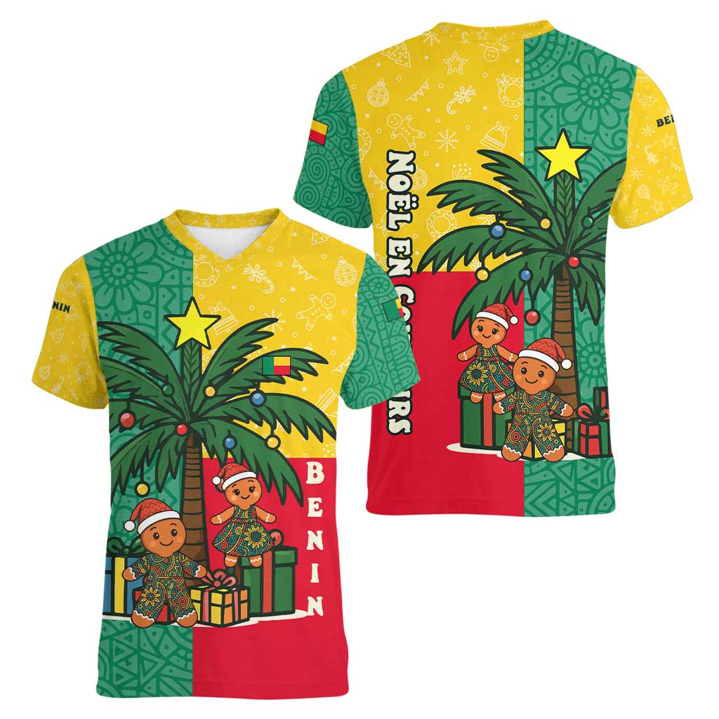 Benin Christmas Women V-Neck T-Shirt with Palm Tree Dolls and Red Yellow Green Festive - Wonder Print Shop