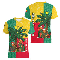 Benin Christmas Women V-Neck T-Shirt with Palm Tree Dolls and Red Yellow Green Festive - Wonder Print Shop