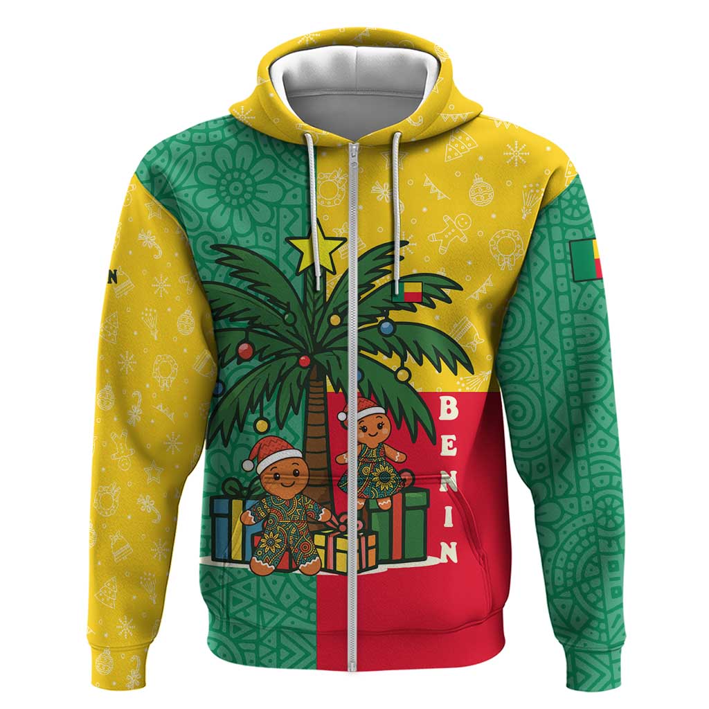 Benin Christmas Zip Hoodie with Palm Tree Dolls and Red Yellow Green Festive - Wonder Print Shop
