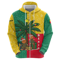 Benin Christmas Zip Hoodie with Palm Tree Dolls and Red Yellow Green Festive - Wonder Print Shop