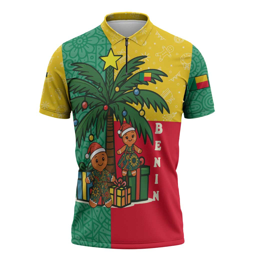 Benin Christmas Zipper Polo Shirt with Palm Tree Dolls and Red Yellow Green Festive - Wonder Print Shop