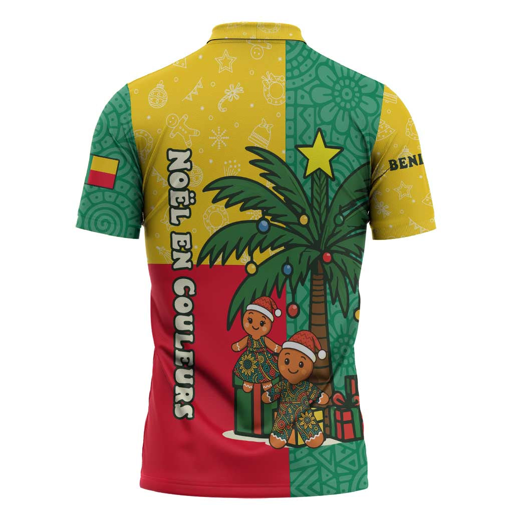 Benin Christmas Zipper Polo Shirt with Palm Tree Dolls and Red Yellow Green Festive - Wonder Print Shop