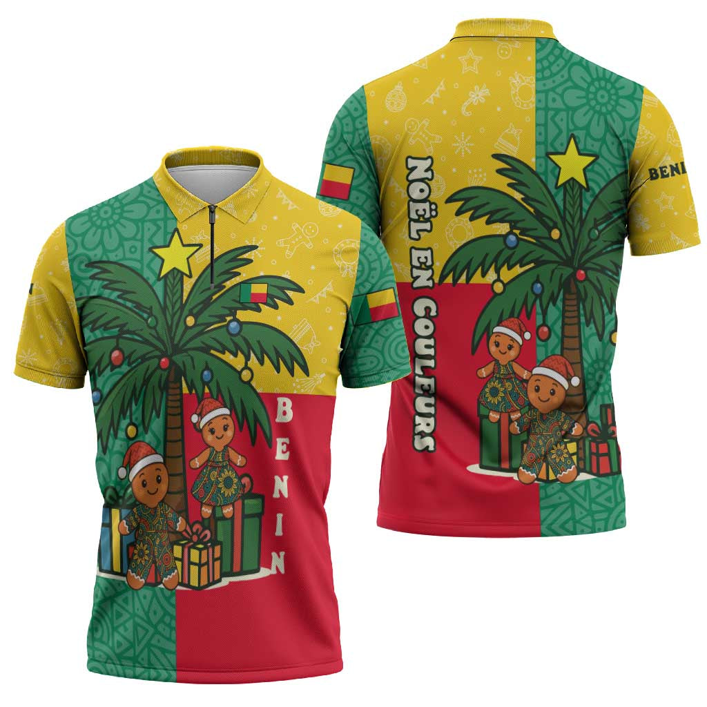 Benin Christmas Zipper Polo Shirt with Palm Tree Dolls and Red Yellow Green Festive - Wonder Print Shop