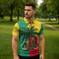 Benin Christmas Zipper Polo Shirt with Palm Tree Dolls and Red Yellow Green Festive - Wonder Print Shop