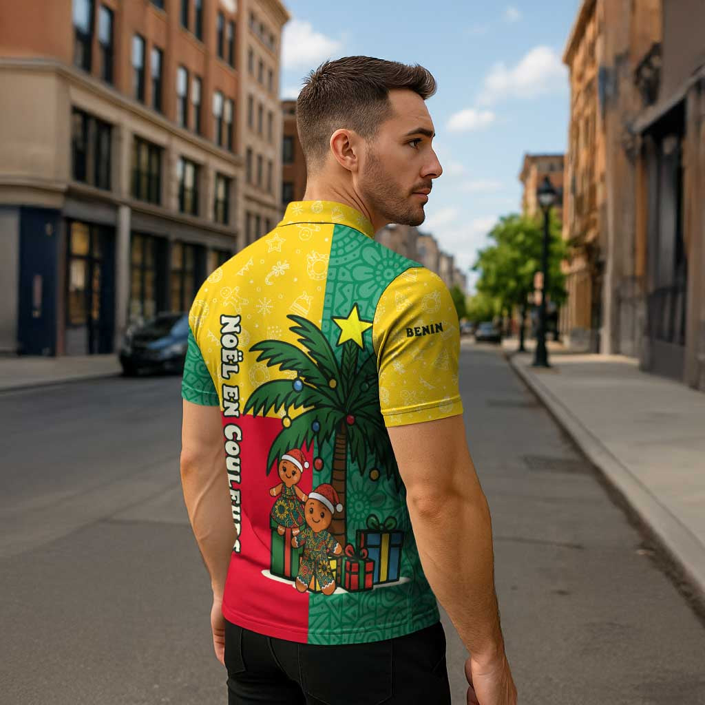 Benin Christmas Zipper Polo Shirt with Palm Tree Dolls and Red Yellow Green Festive - Wonder Print Shop