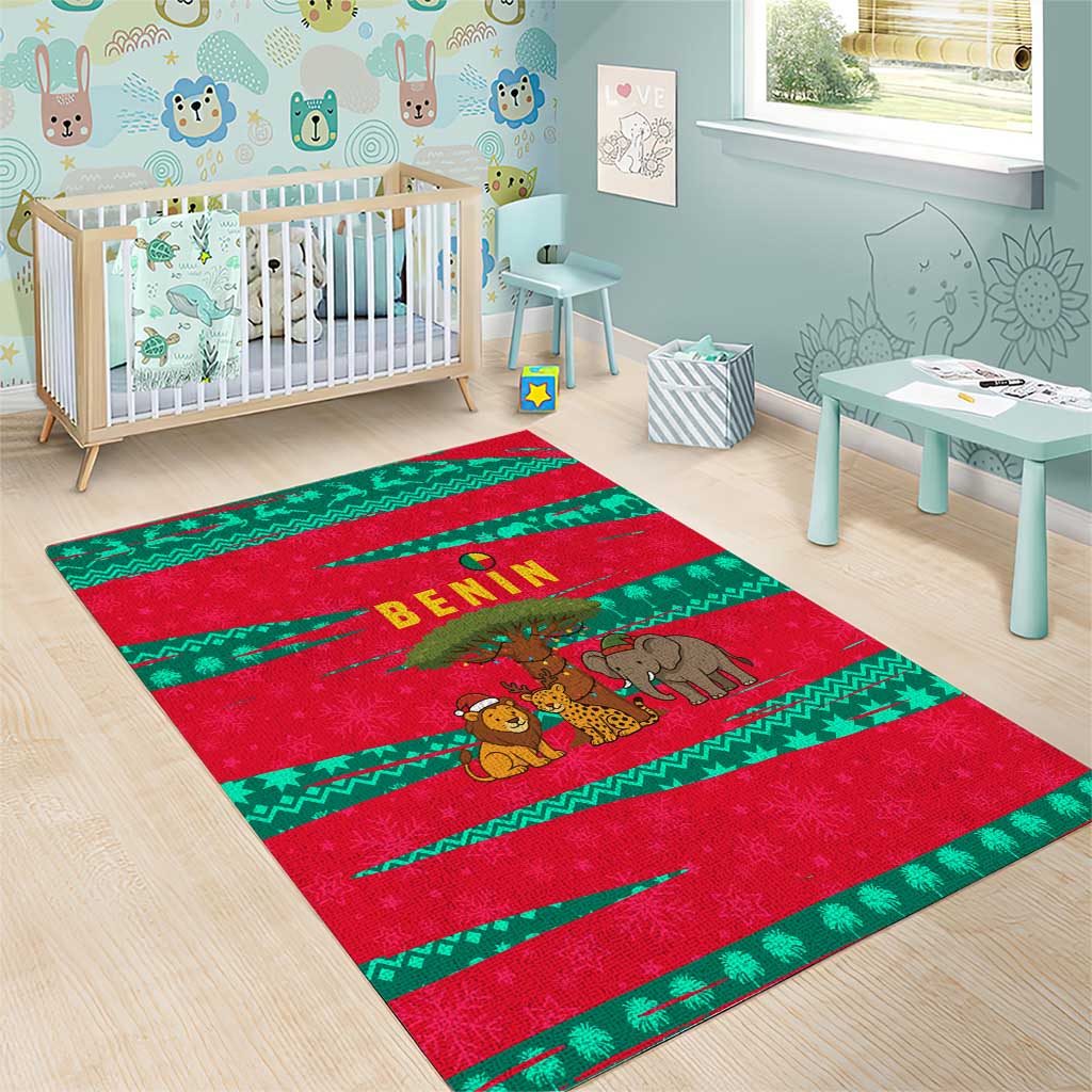 Benin Christmas Area Rug with Safari Animals Baobab Tree and National Coat of Arms Design - Wonder Print Shop