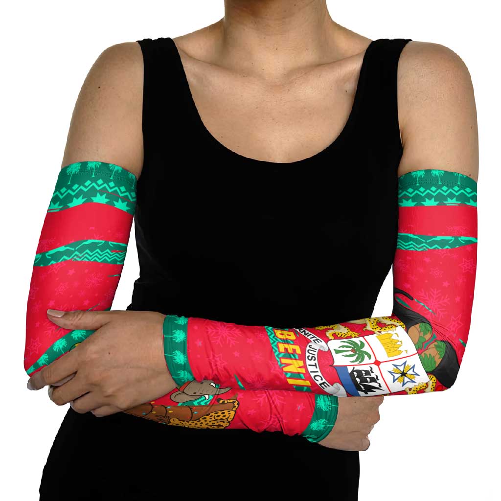 Benin Christmas Arm Sleeves with Safari Animals Baobab Tree and National Coat of Arms Design - Wonder Print Shop