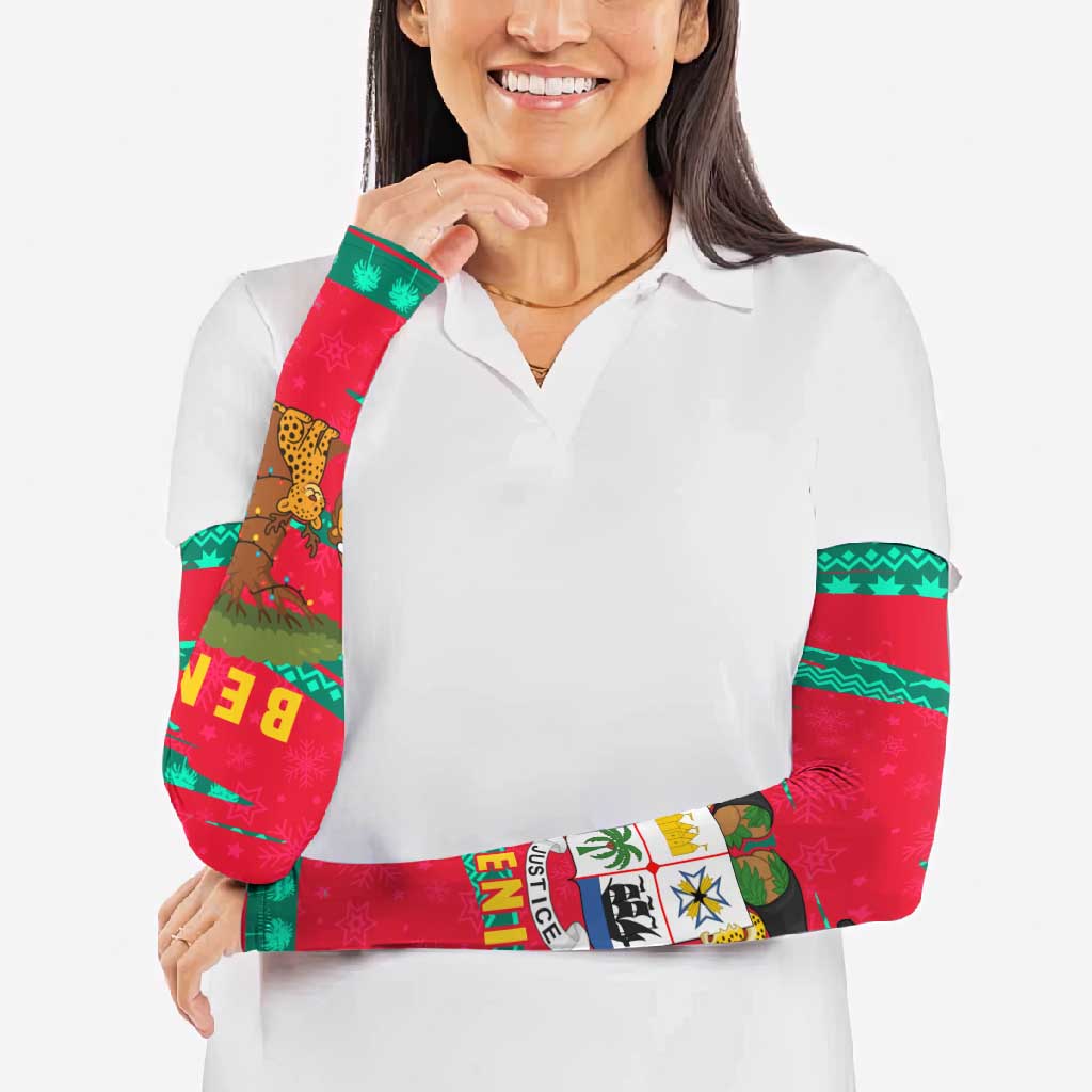 Benin Christmas Arm Sleeves with Safari Animals Baobab Tree and National Coat of Arms Design - Wonder Print Shop