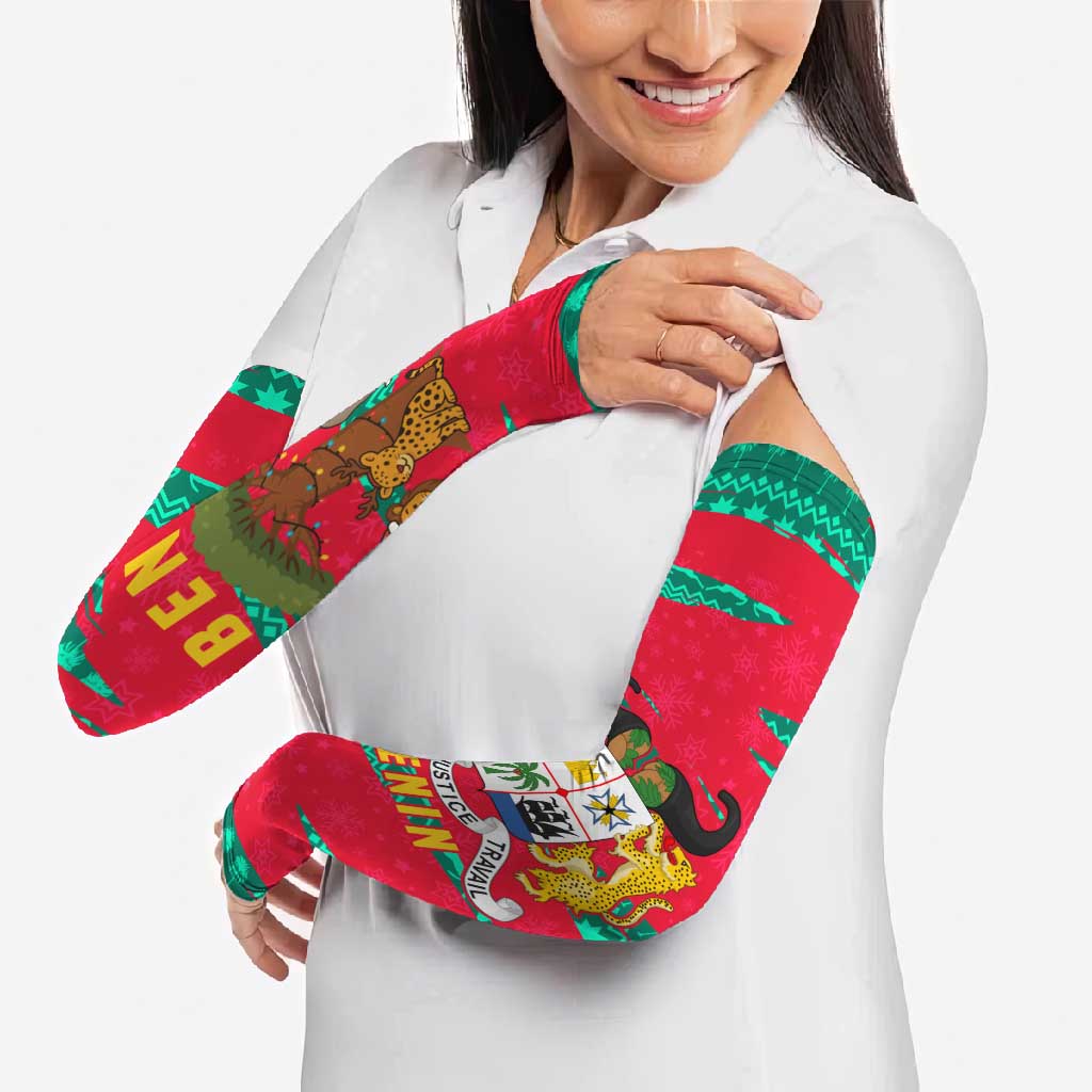 Benin Christmas Arm Sleeves with Safari Animals Baobab Tree and National Coat of Arms Design - Wonder Print Shop