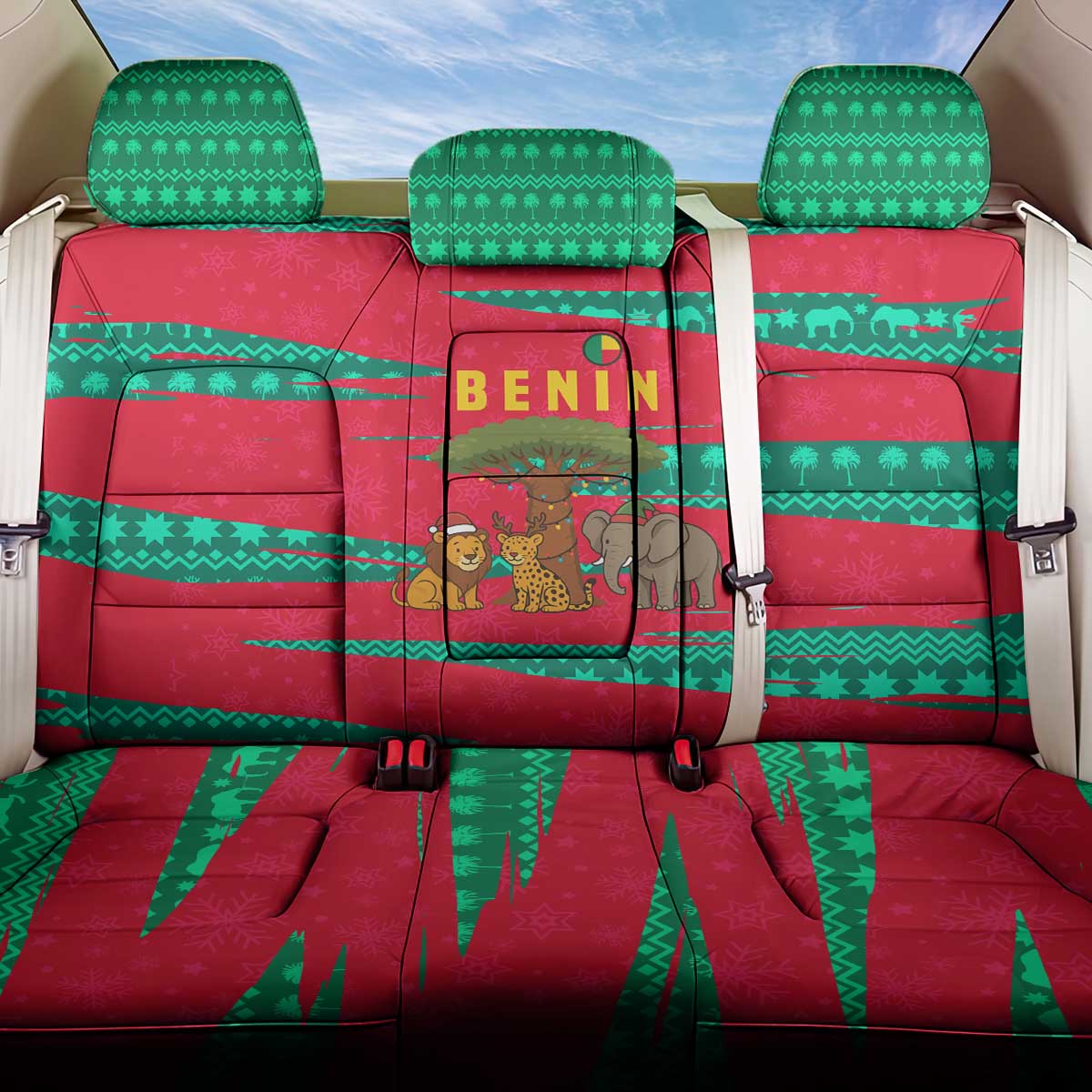Benin Christmas Back Car Seat Cover with Safari Animals Baobab Tree and National Coat of Arms Design - Wonder Print Shop