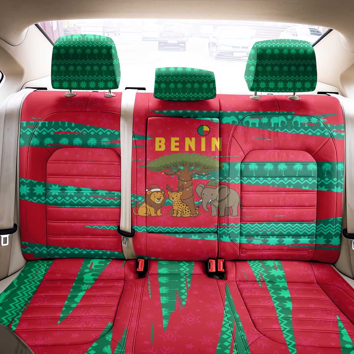 Benin Christmas Back Car Seat Cover with Safari Animals Baobab Tree and National Coat of Arms Design - Wonder Print Shop