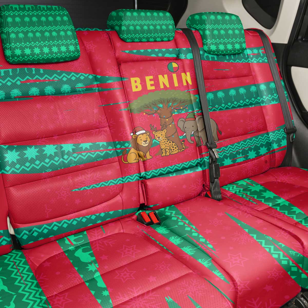 Benin Christmas Back Car Seat Cover with Safari Animals Baobab Tree and National Coat of Arms Design - Wonder Print Shop