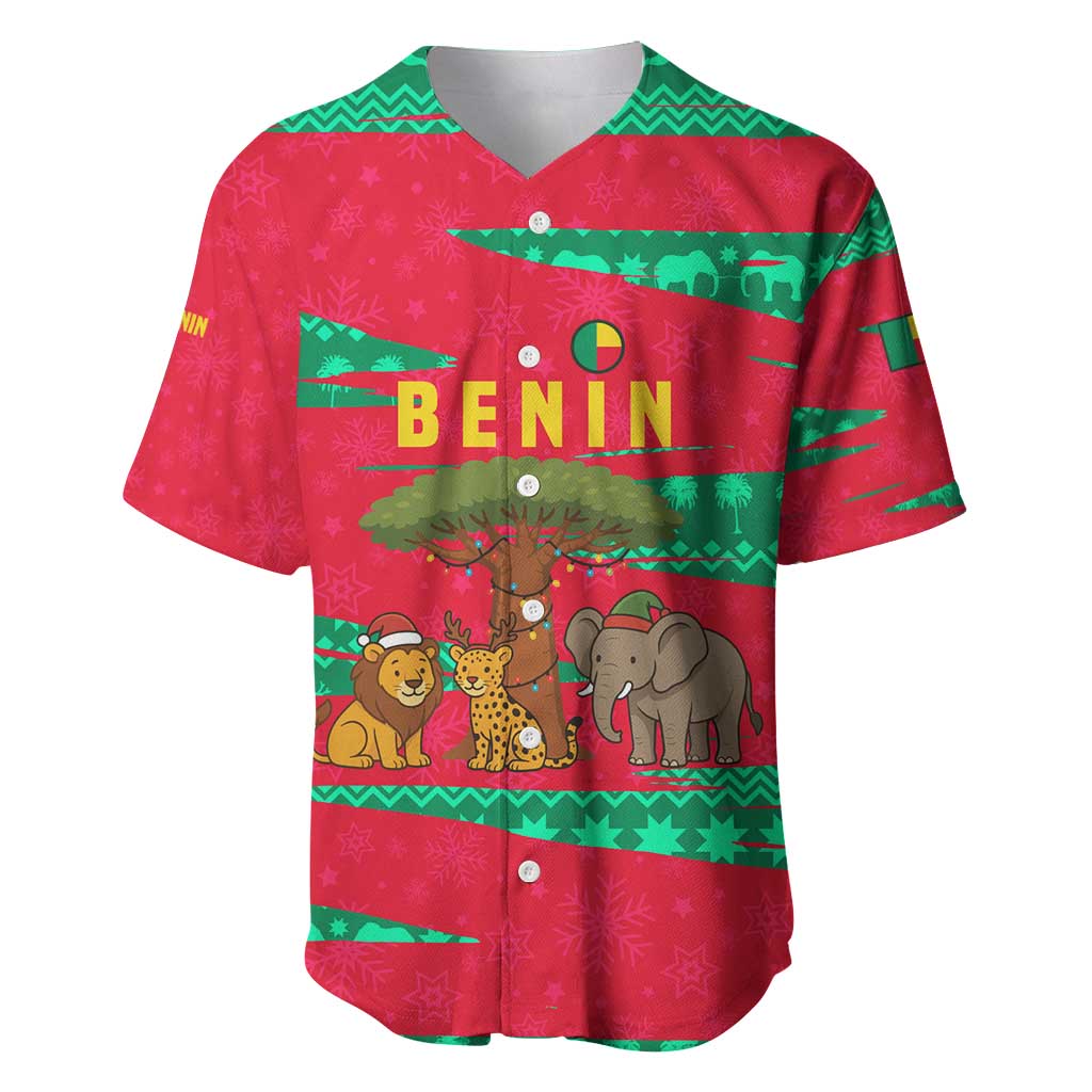Benin Christmas Baseball Jersey with Safari Animals Baobab Tree and National Coat of Arms Design - Wonder Print Shop