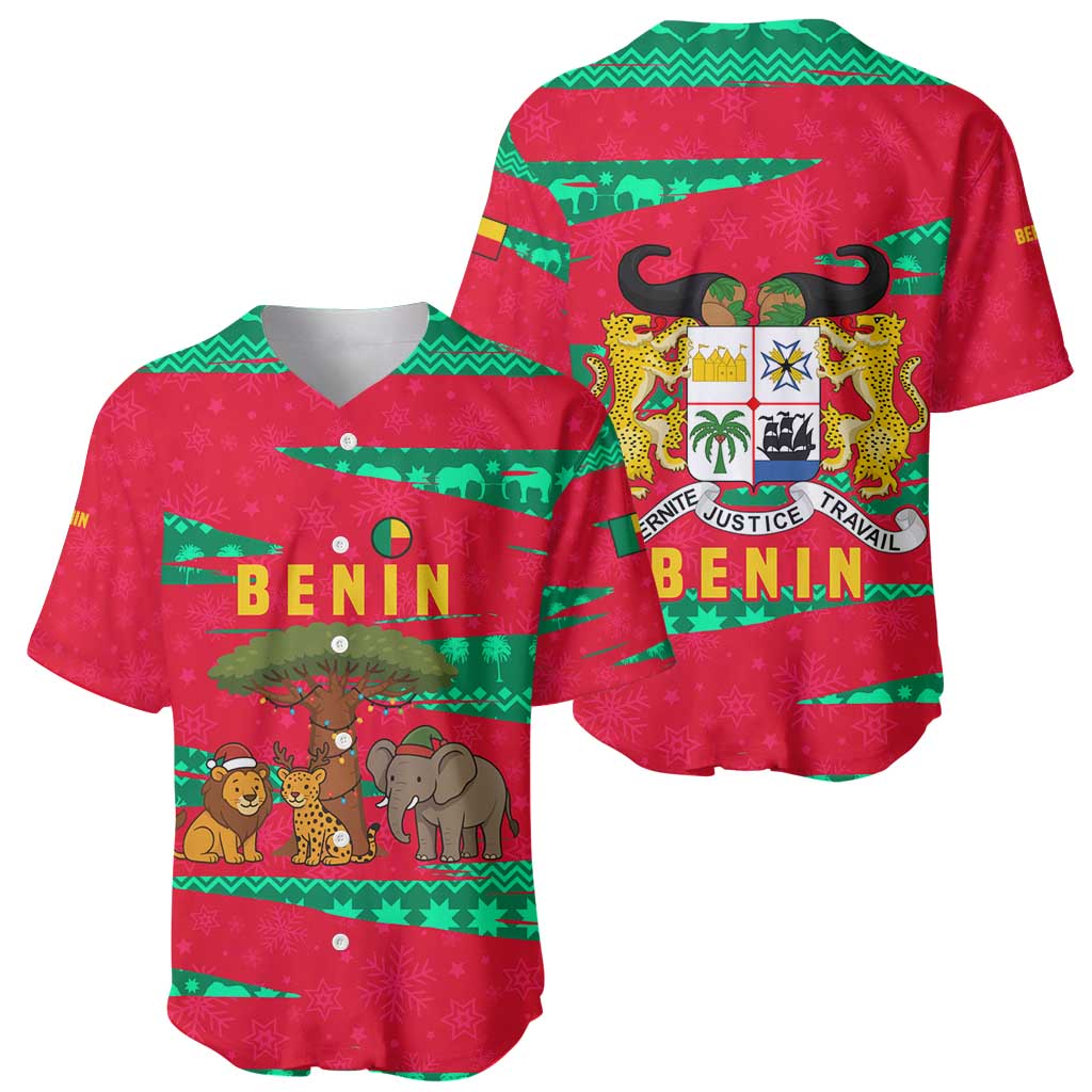 Benin Christmas Baseball Jersey with Safari Animals Baobab Tree and National Coat of Arms Design - Wonder Print Shop