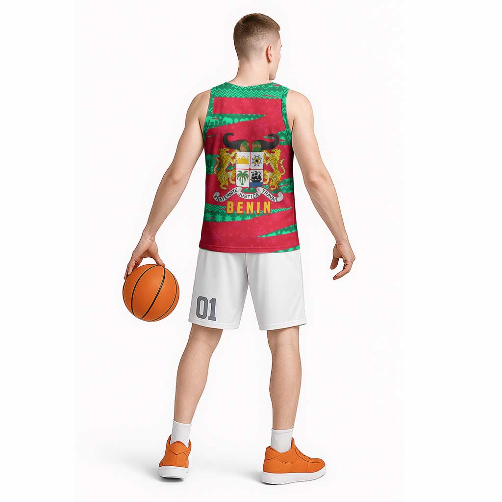 Benin Christmas Basketball Jersey with Safari Animals Baobab Tree and National Coat of Arms Design - Wonder Print Shop