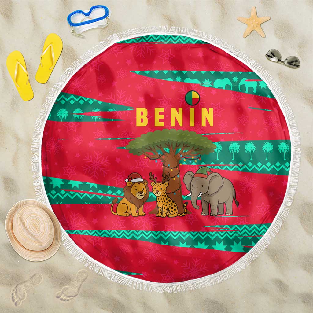 Benin Christmas Beach Blanket with Safari Animals Baobab Tree and National Coat of Arms Design - Wonder Print Shop