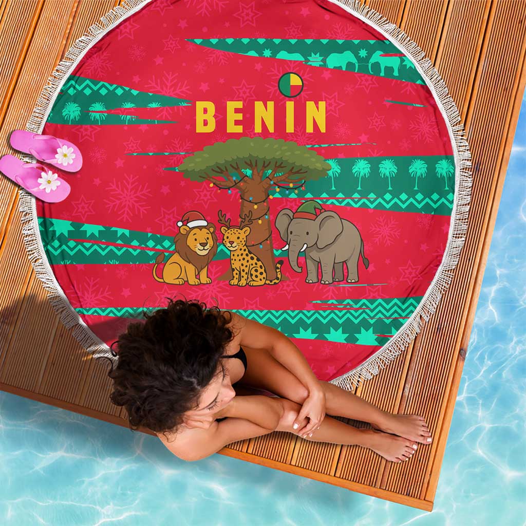 Benin Christmas Beach Blanket with Safari Animals Baobab Tree and National Coat of Arms Design - Wonder Print Shop