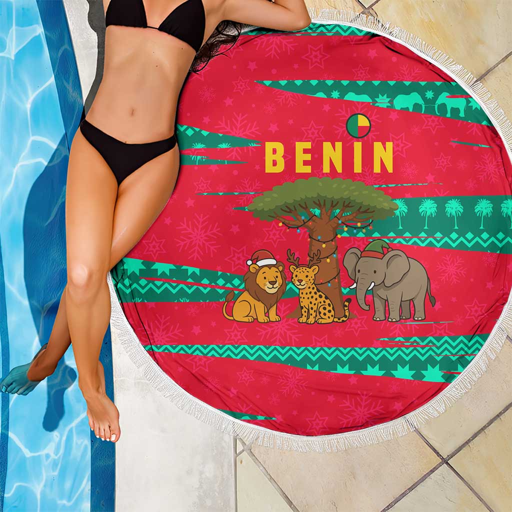 Benin Christmas Beach Blanket with Safari Animals Baobab Tree and National Coat of Arms Design - Wonder Print Shop