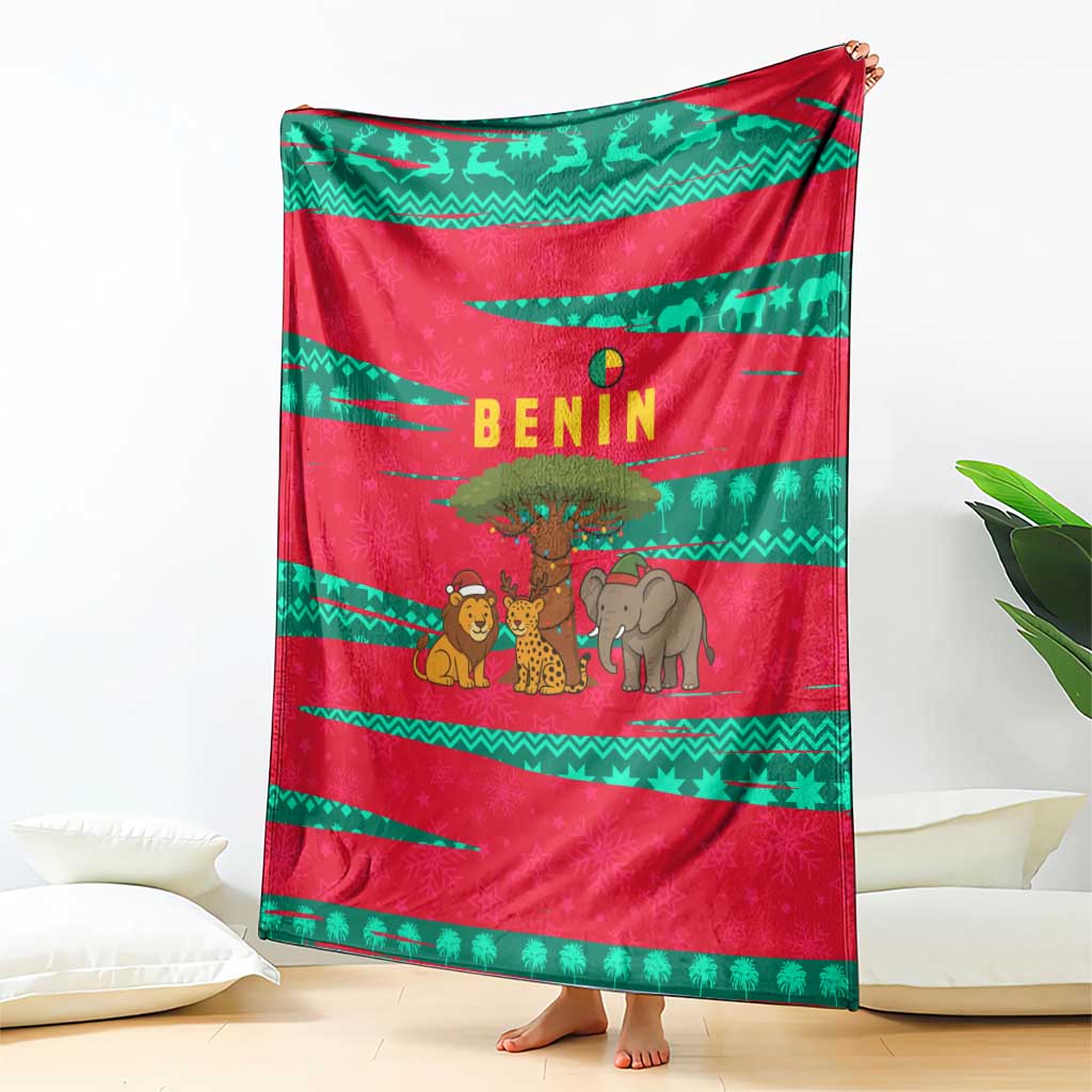 Benin Christmas Blanket with Safari Animals Baobab Tree and National Coat of Arms Design - Wonder Print Shop