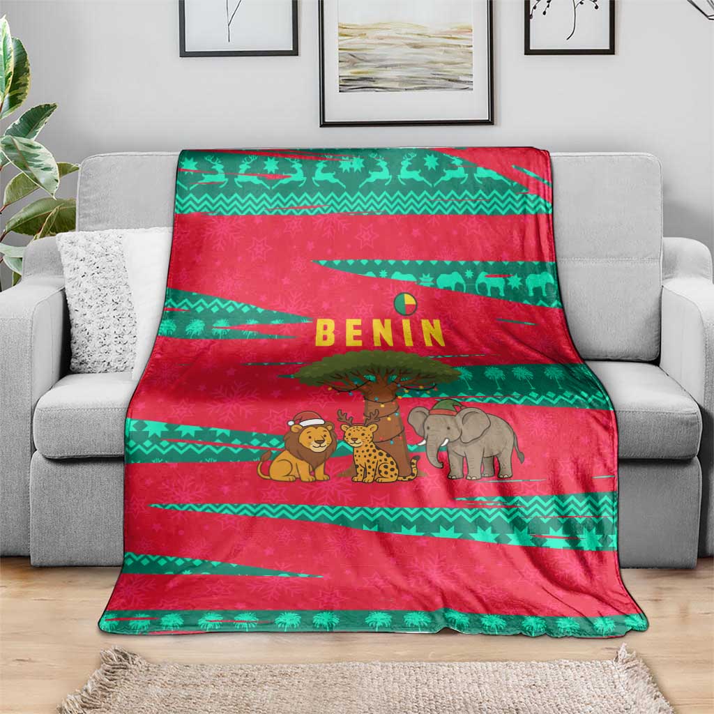 Benin Christmas Blanket with Safari Animals Baobab Tree and National Coat of Arms Design - Wonder Print Shop