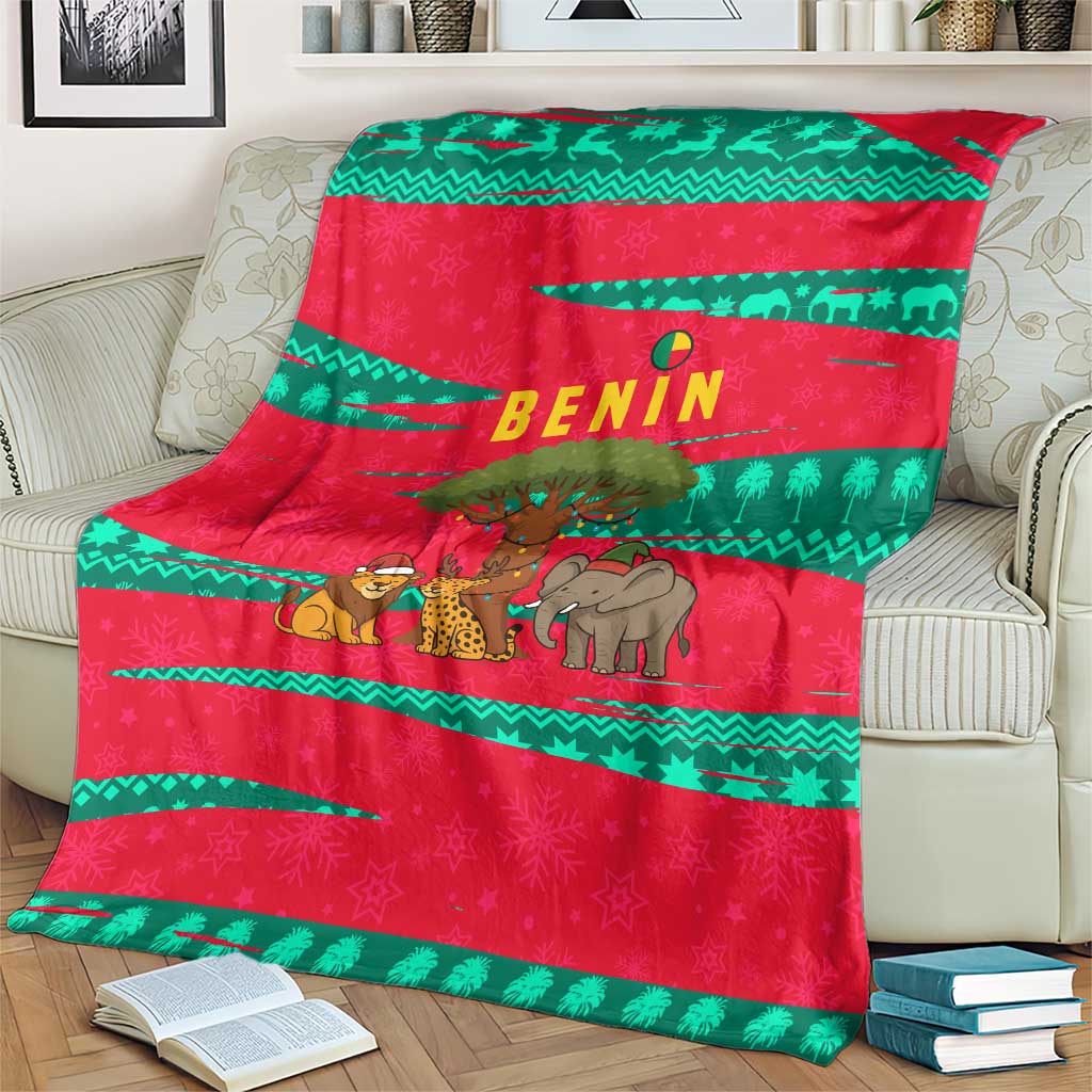 Benin Christmas Blanket with Safari Animals Baobab Tree and National Coat of Arms Design - Wonder Print Shop