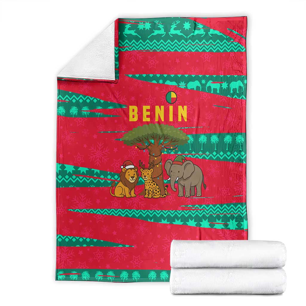 Benin Christmas Blanket with Safari Animals Baobab Tree and National Coat of Arms Design - Wonder Print Shop