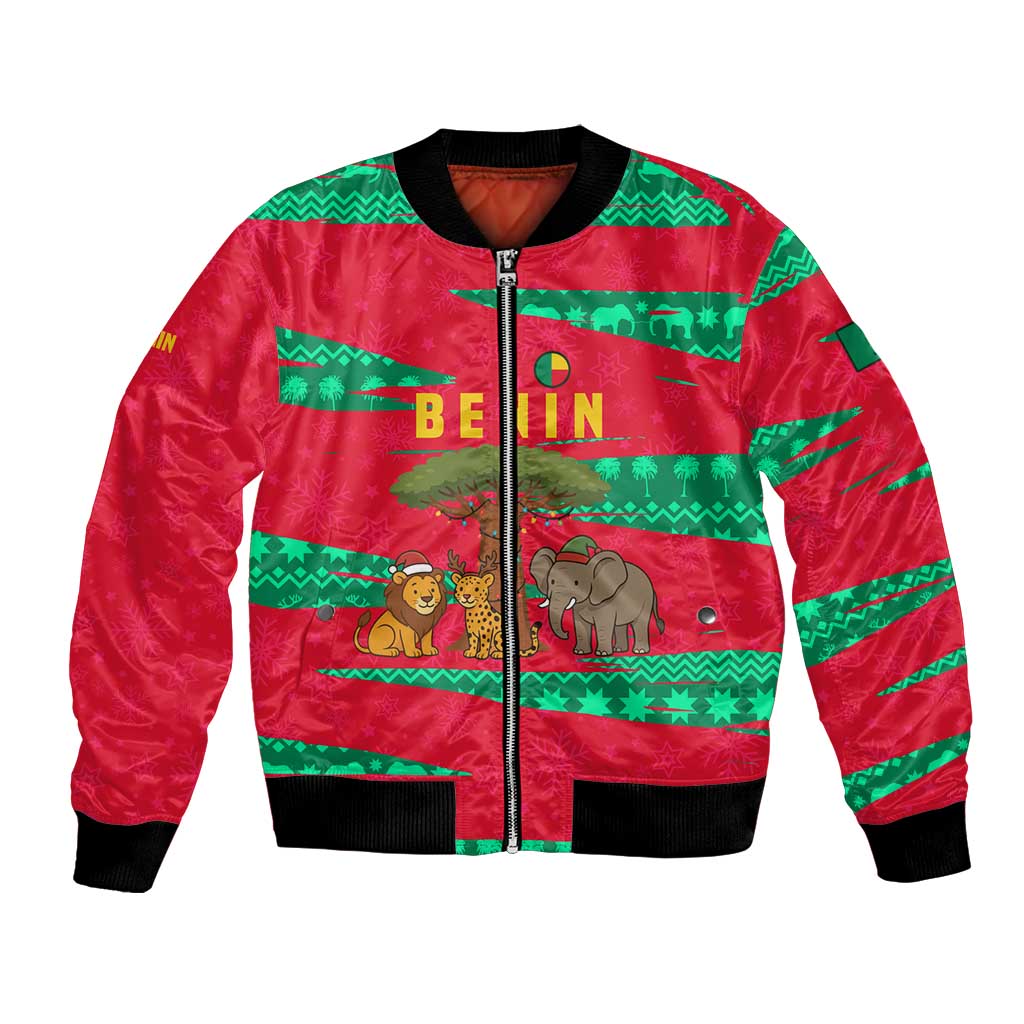 Benin Christmas Bomber Jacket with Safari Animals Baobab Tree and National Coat of Arms Design - Wonder Print Shop