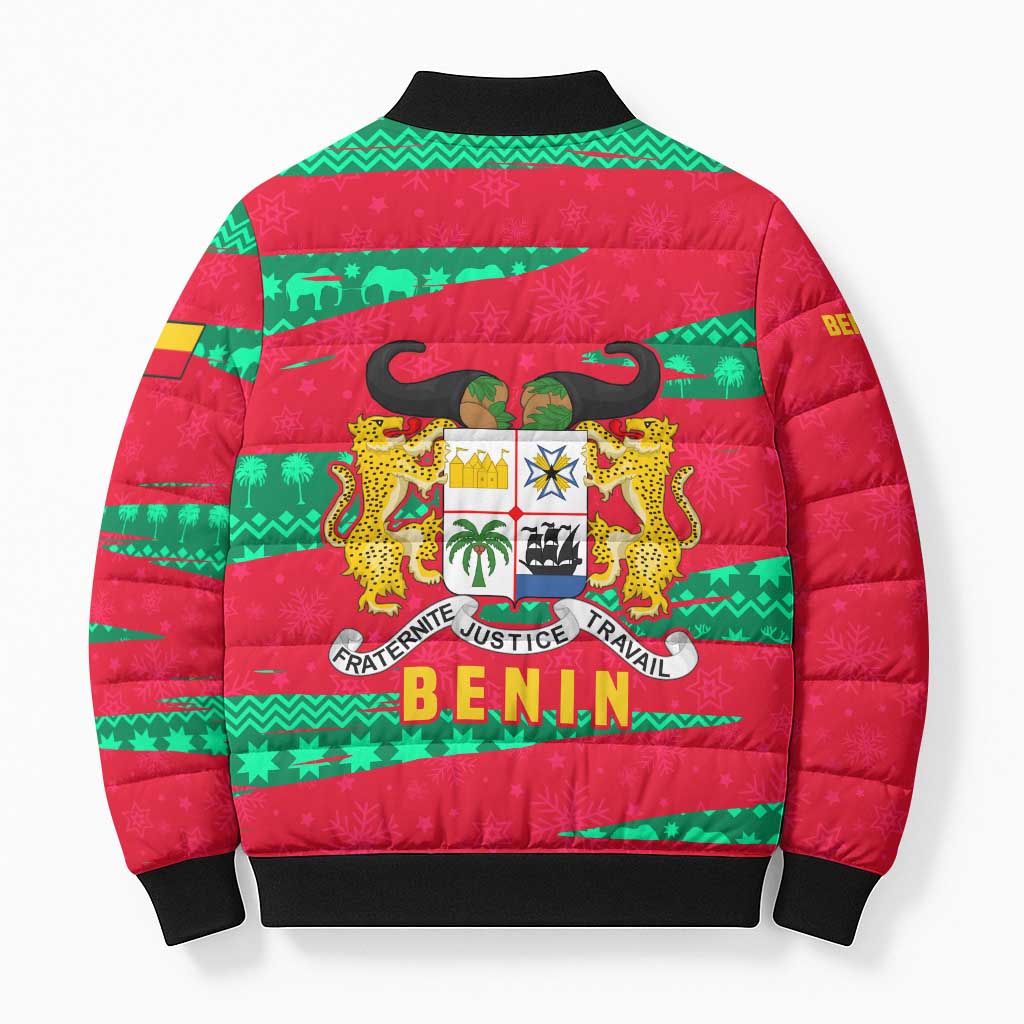 Benin Christmas Bomber Puffer Jacket with Safari Animals Baobab Tree and National Coat of Arms Design - Wonder Print Shop